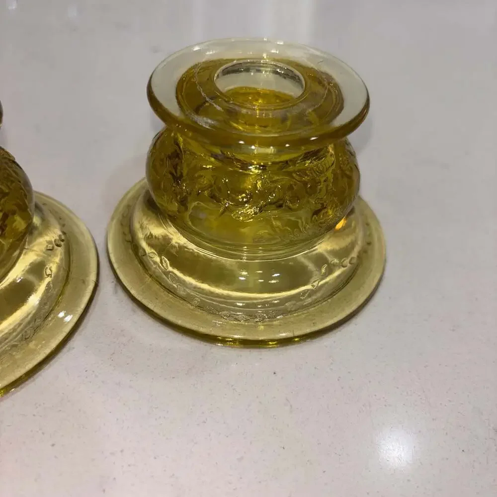 Vintage Federal Glass Madrid Amber Yellow Depression Glass Candle Holder Pair
